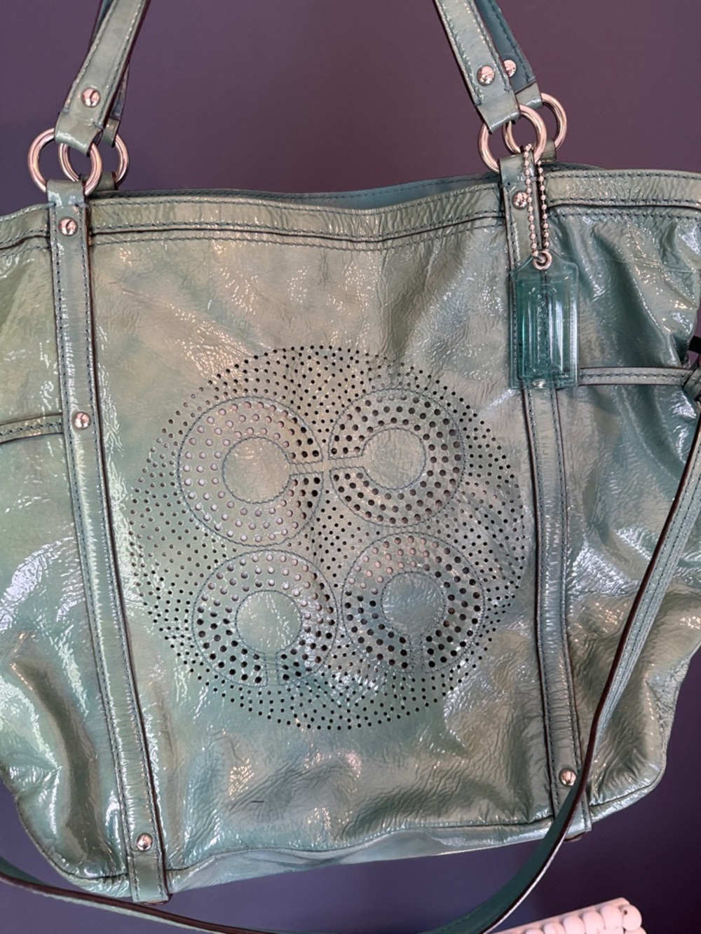 Coach Teal Patent Leather Shoulder Bag with Matching Tag